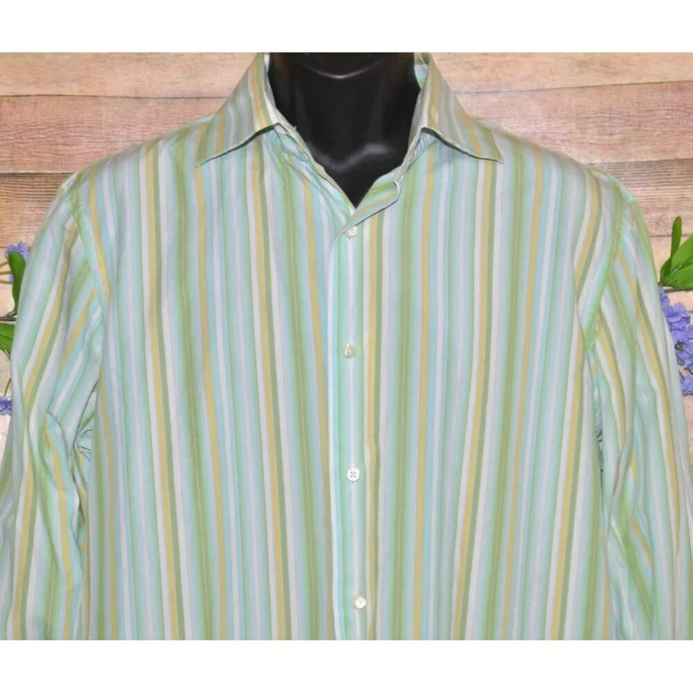 Banana Republic Shirt Men's 16-16 1/2 Green Stripe Cotton Flip Contrast Cuffs